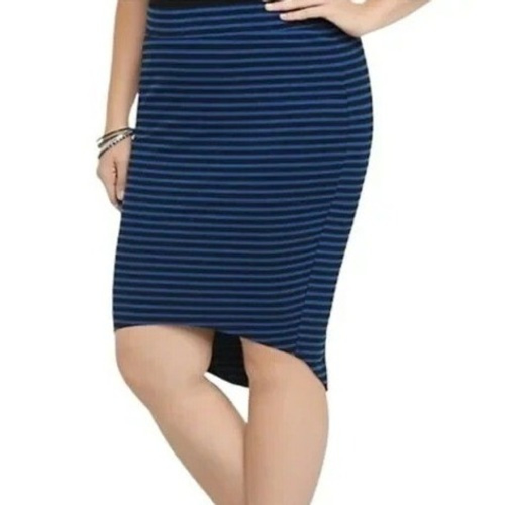 Torrid Womens Plus Size 4X Blue Black Striped Hi-Low Stretchy Pencil Midi Skirt